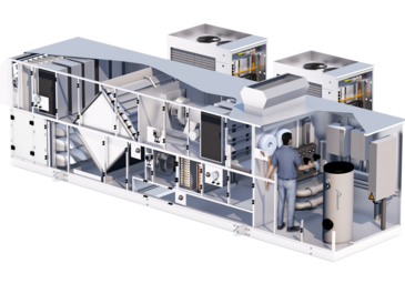 3D-Illustration vom Aufbau eines HLK-Komplettgeräts von bösch